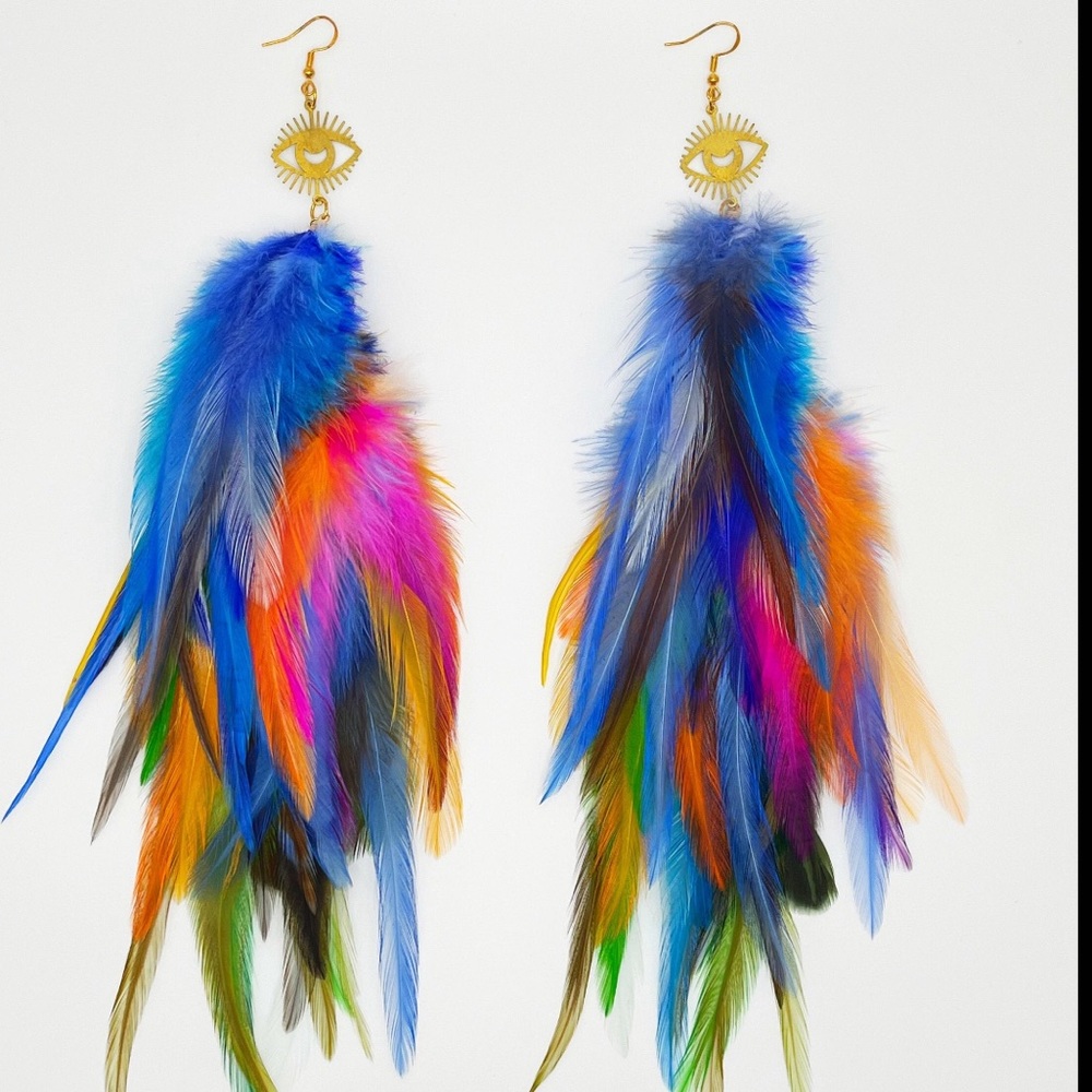 Colorful Feather Earrings with Eye Design